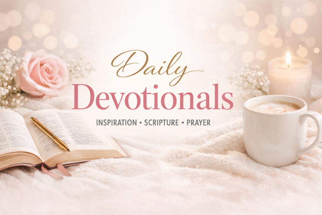 A soft blush‑rose‑gold image featuring an open Bible, a pink rose, a candle, and a cup of coffee beside the words “Daily Devotionals – Inspiration • Scripture • Prayer.”
