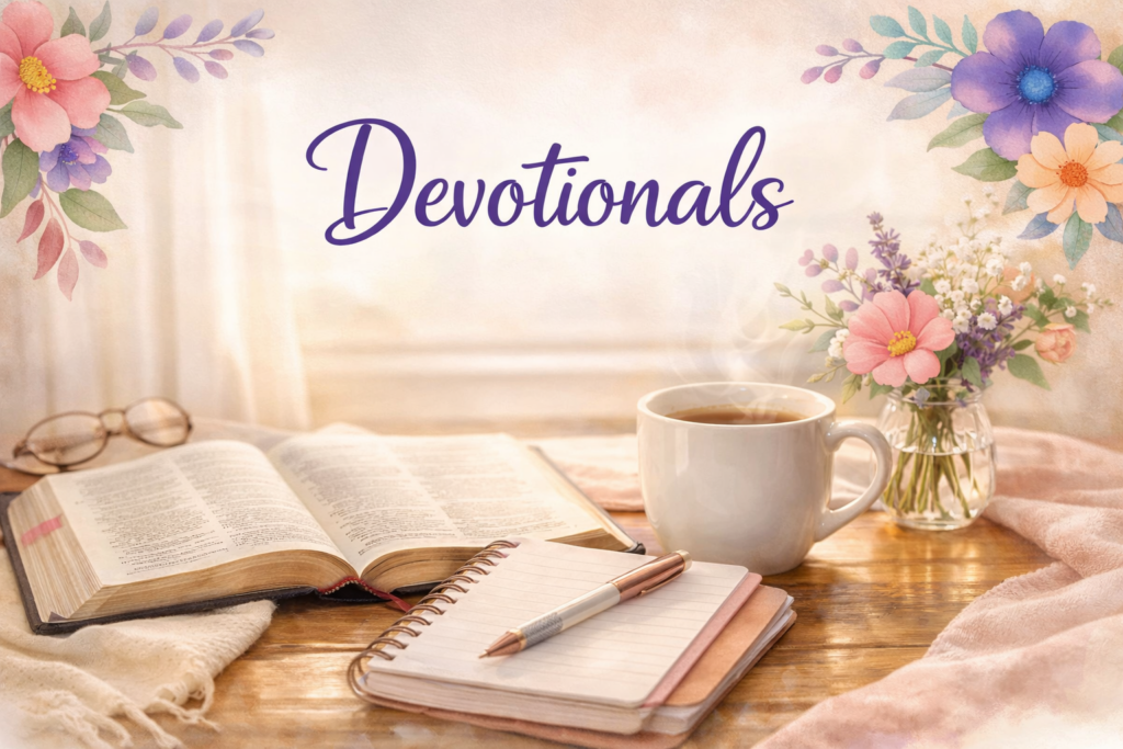 Cozy morning devotional scene with an open Bible, blush journal, pen, and steaming coffee on a wooden table with soft flowers and sunlight.