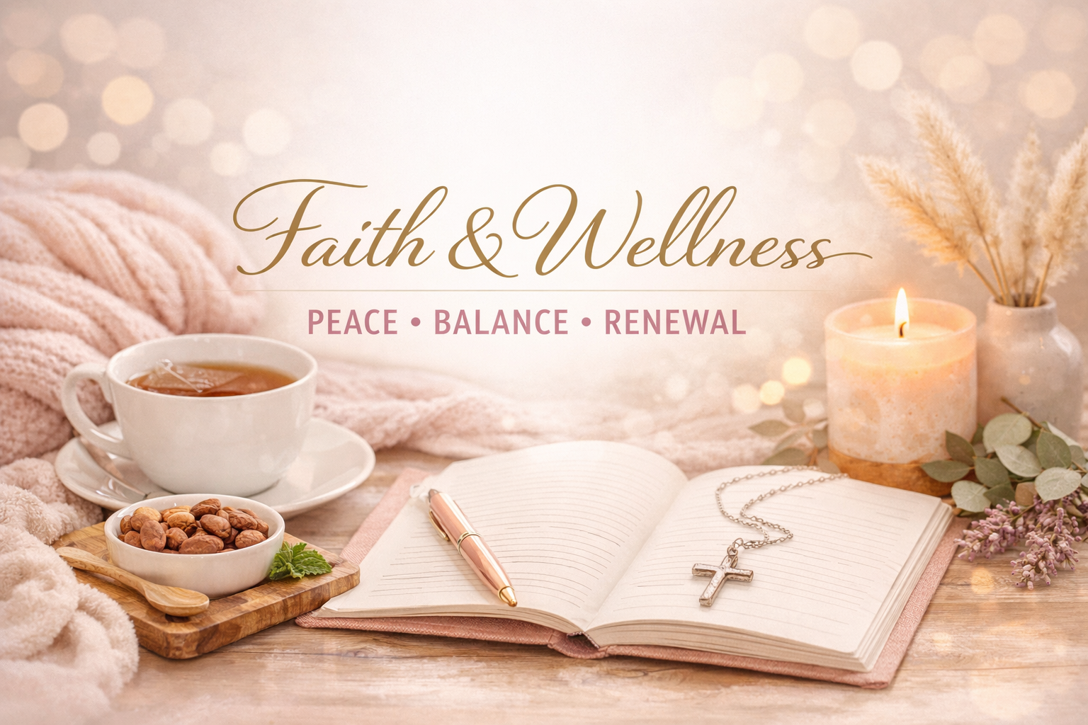 A soft Faith & Wellness header image featuring a cup of tea, a pink knitted blanket, an open journal with a rose‑gold pen, a lit candle, dried pampas grass, and a silver cross necklace beside the words “Faith & Wellness – Peace • Balance • Renewal.”