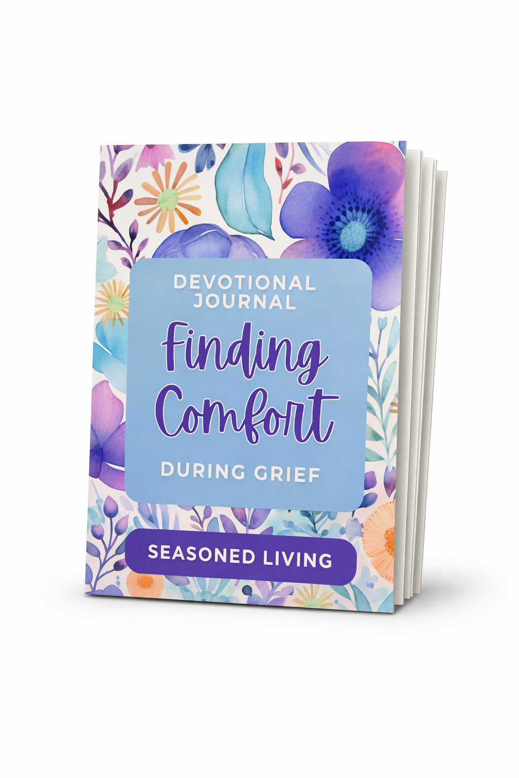 “Finding Comfort in Grief & Loss guided Christian journal with blush watercolor cover, rose‑gold cross, and elegant spiral binding.”