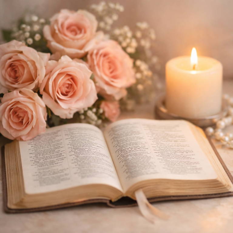 A peaceful flat‑lay featuring an open Bible, blush pink roses, and a softly glowing candle, styled in warm feminine lighting.