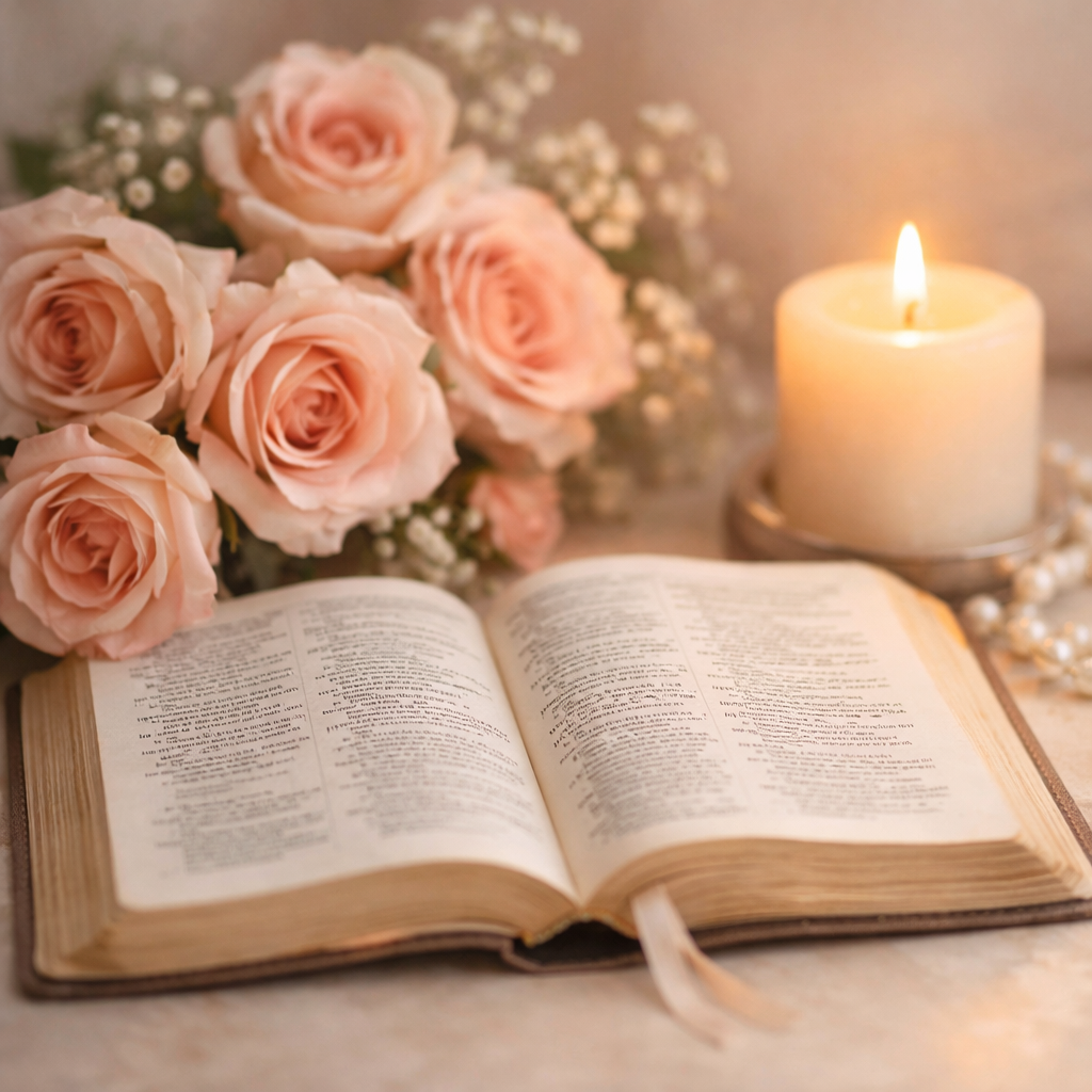 A peaceful flat‑lay featuring an open Bible, blush pink roses, and a softly glowing candle, styled in warm feminine lighting.