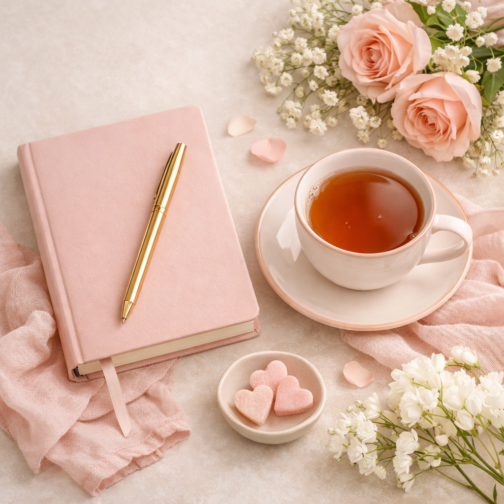 A blush journal, warm tea, and soft florals arranged in gentle natural lighting.
