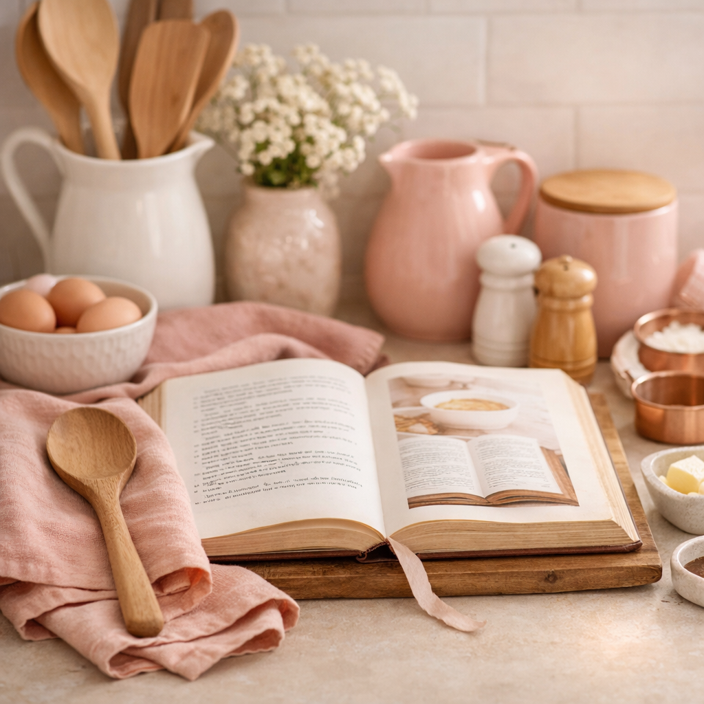 A cozy blush‑toned kitchen flat‑lay featuring an open cookbook, wooden spoon, and soft natural lighting.