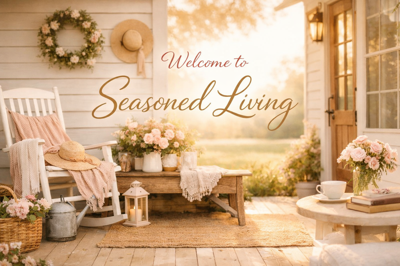Farmhouse porch with blush pink flowers, rocking chair, and warm sunlight — Welcome to Seasoned Living banner.