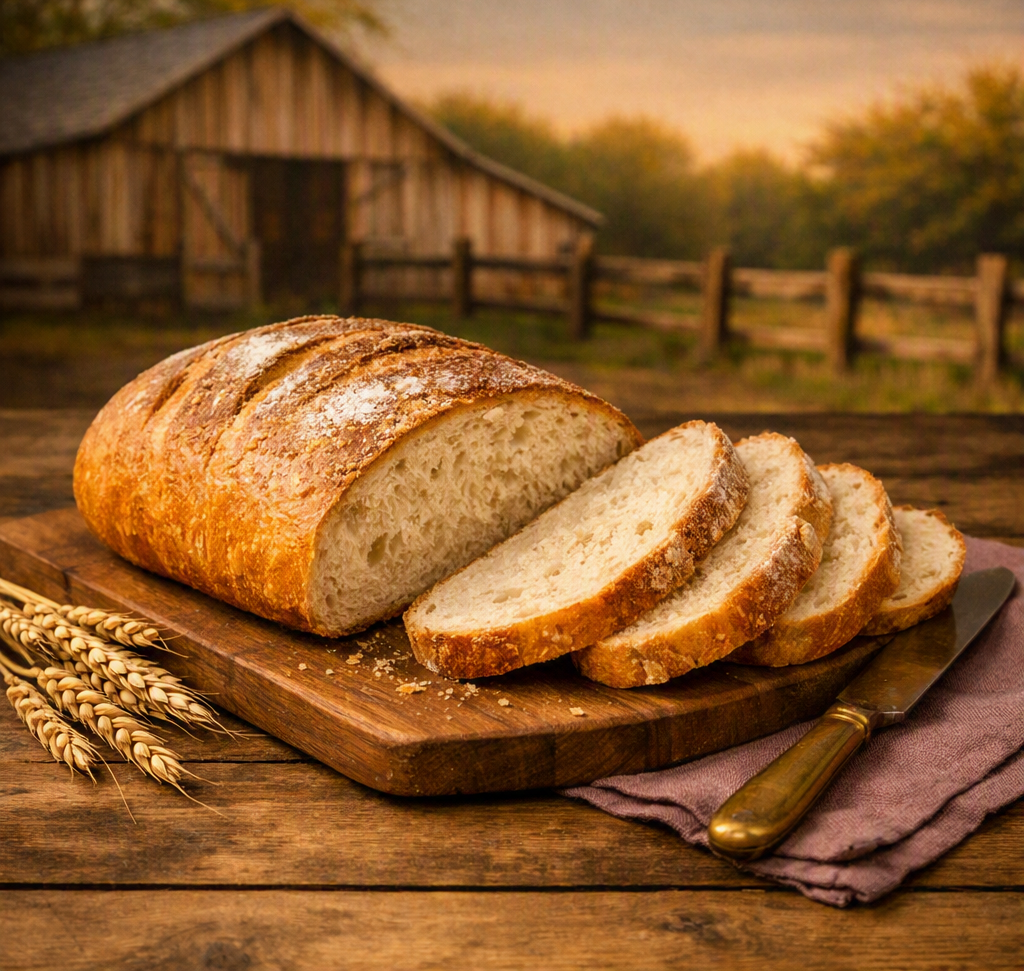 A centered country‑style image featuring a loaf of homemade bread, partially sliced on a rustic wooden table with a barn and fence in the background.