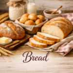 A professional country‑style photo of homemade bread on a rustic wooden table with wheat sprigs, linen cloth, and warm farmhouse lighting.