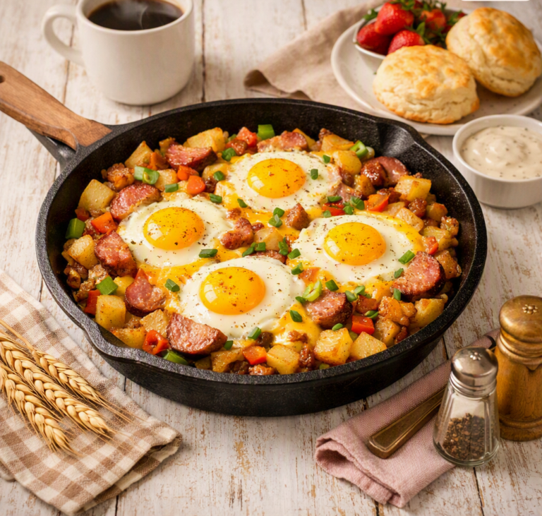 A rustic farmhouse breakfast skillet filled with golden potatoes, smoked sausage, peppers, onions, melted cheese, and sunny‑side‑up eggs, served in a cast‑iron pan on a whitewashed wooden table with coffee, biscuits, and fresh strawberries in the background.