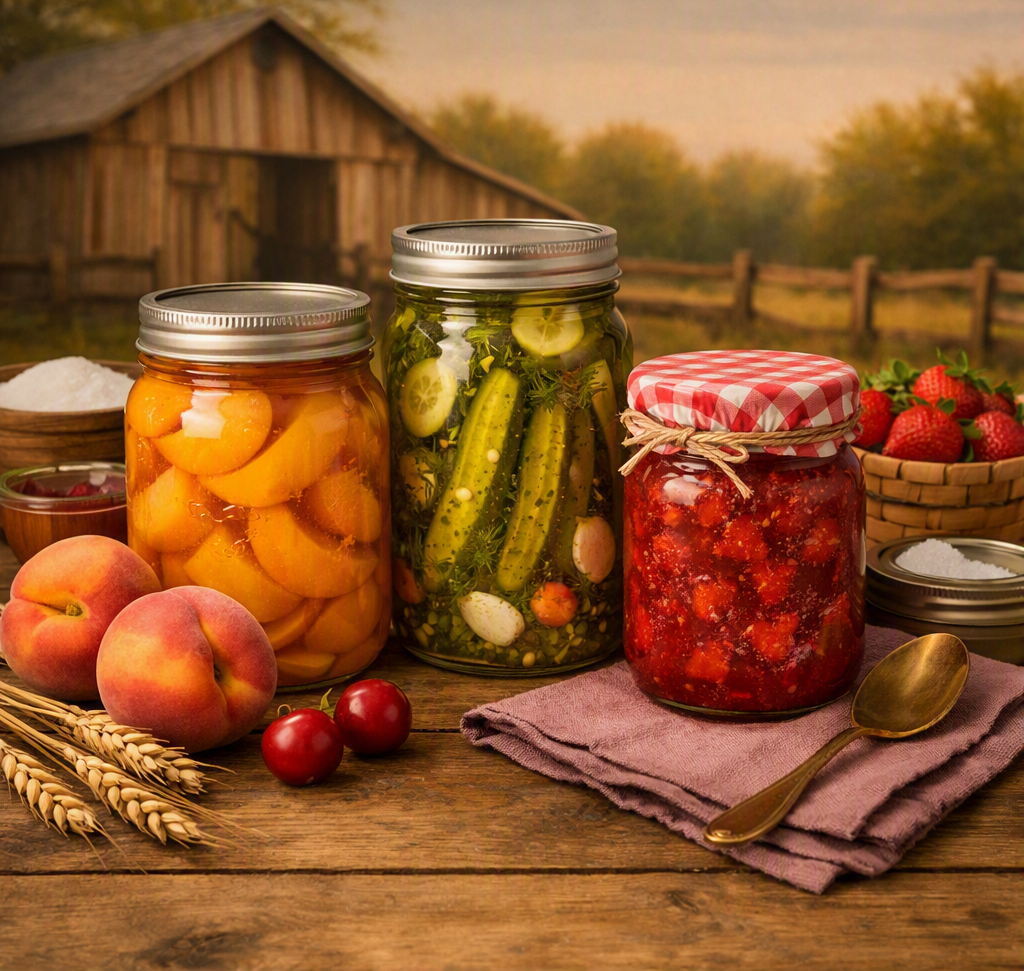 A centered country‑style image featuring jars of homemade canned goods—peaches, pickles, and strawberry jam—arranged on a rustic wooden table with a barn and fence in the background.