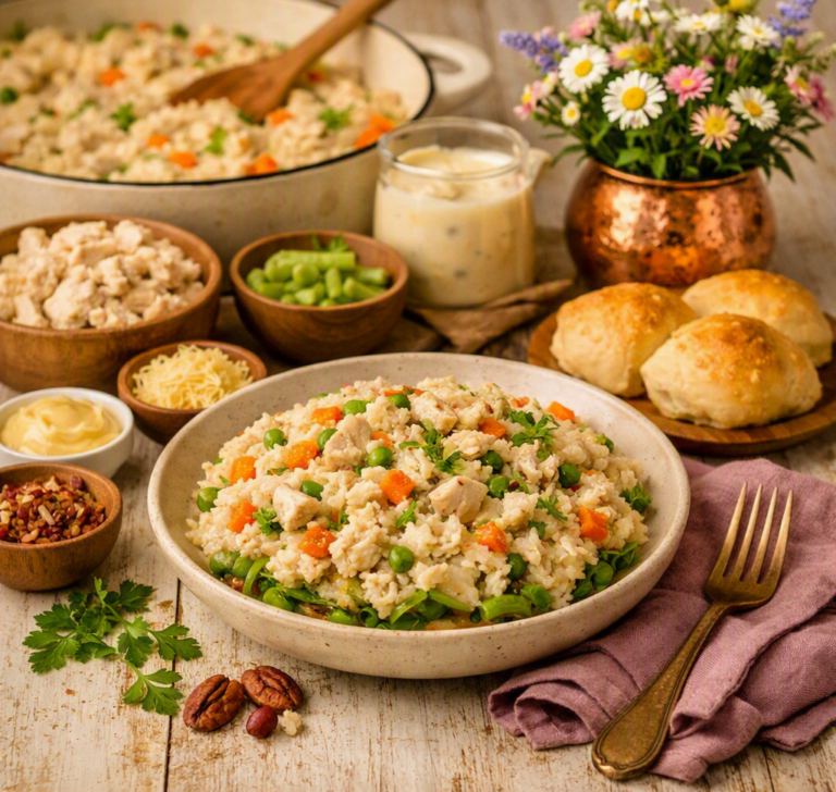 Farmhouse creamy chicken and rice dinner served in a beige bowl on a rustic whitewashed table, surrounded by a skillet of chicken and rice, shredded chicken, vegetables, dinner rolls, a mauve napkin, and a copper vase of wildflowers.