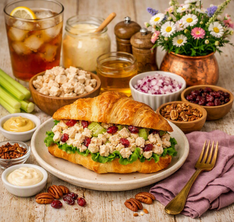 Farmhouse chicken salad sandwich recipe scene showing a golden croissant filled with creamy chicken salad surrounded by bowls of diced chicken, celery, red onion, pecans, cranberries, jars of mayonnaise, honey, and mustard on a whitewashed wooden table with a mauve napkin and copper vase of wildflowers.