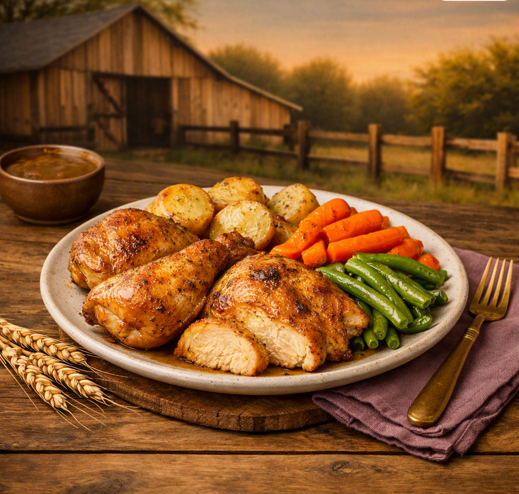 A centered country‑style image featuring a plate of golden roasted chicken with vegetables on a rustic wooden table, with a barn and fence in the background. The composition is tightly framed so the chicken and plate
