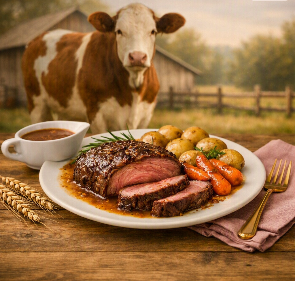 A professional country‑style photo featuring a plated beef roast with potatoes and carrots in the foreground and a brown‑and‑white cow standing near a rustic barn in the background. The image is centered so both the meal and cow remain visible within a diamond‑shaped frame, under warm farmhouse lighting.