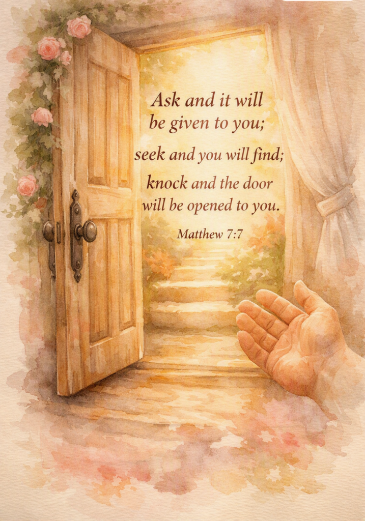 Watercolor painting of an open wooden door glowing with golden light and a hand reaching toward it, symbolizing faith and prayer from Matthew 7:7.