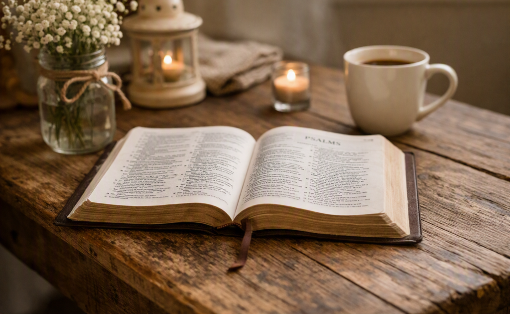 Open Bible resting on a rustic farmhouse table beside a coffee mug, candle, and baby’s breath flowers in soft morning light.