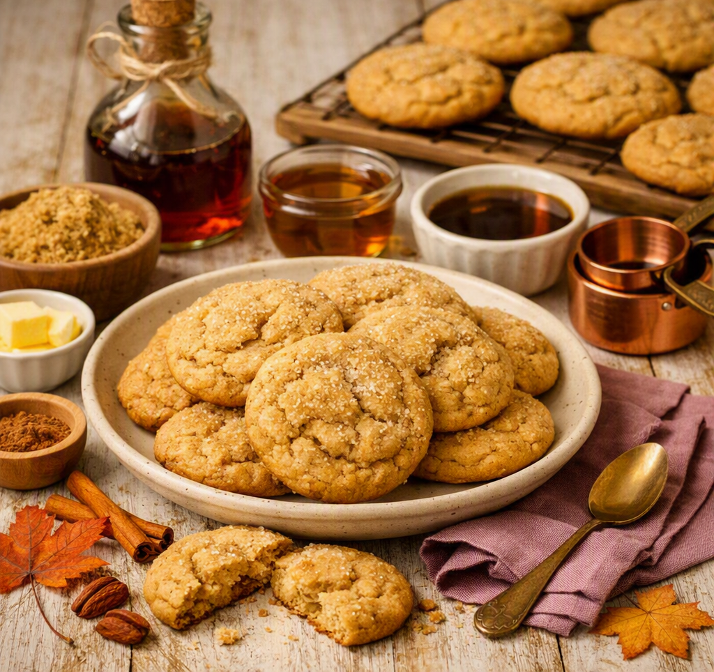 Farmhouse maple brown sugar cookies displayed on a whitewashed table with a beige plate of cookies, brown sugar, cinnamon, maple syrup, butter, copper measuring cups, and a mauve napkin.
