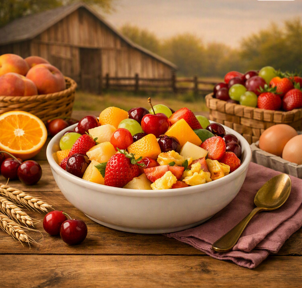 A centered country‑style image featuring a white bowl filled with fresh mixed fruit—strawberries, grapes, pineapple, peaches, cherries, and apple slices—on a rustic wooden table with a barn and fence in the background.