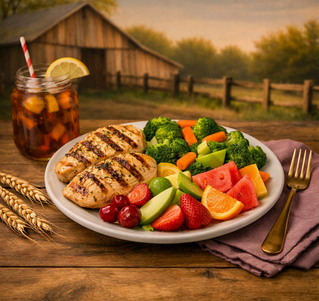 A centered country‑style image featuring a plate of healthy foods—grilled chicken, steamed vegetables, and fruit slices—on a rustic wooden table with a barn and fence in the background. The composition is tightly framed so the plate