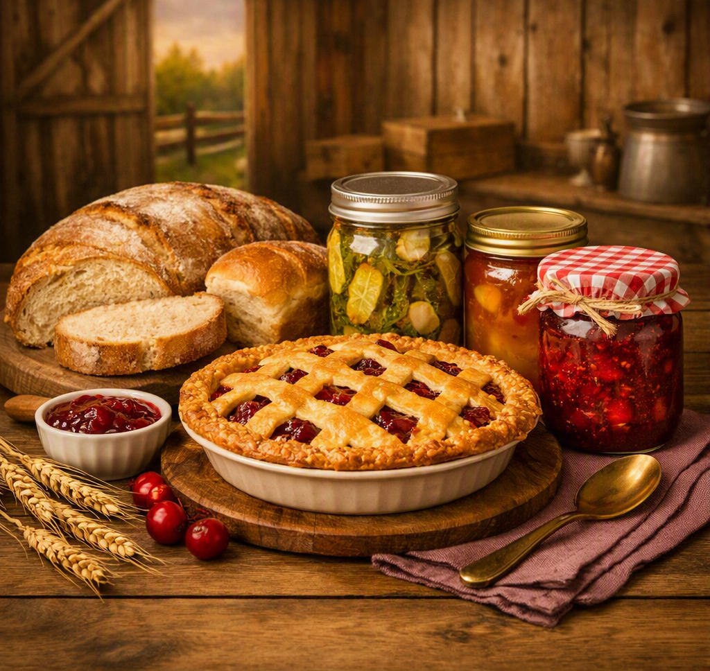 A centered country‑style image featuring homemade bread, pie, and jam jars on a rustic wooden table with a barn‑style background.