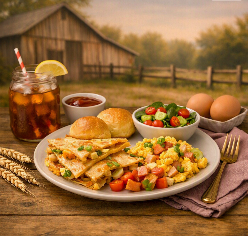 A professional country‑style image featuring a plate of quick and easy foods—cheesy quesadillas, scrambled eggs with ham, fresh salad, and dinner rolls—set on a rustic wooden table with a barn and fence in the background. The composition is centered so the main elements remain visible when cropped into a diamond shape.