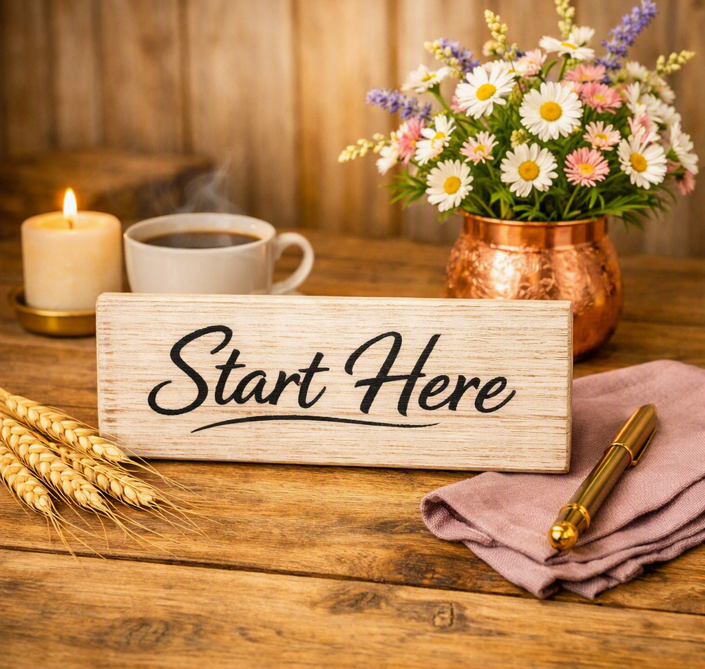 A centered farmhouse‑style image featuring a whitewashed wooden sign engraved with “Start Here,” placed on a rustic table with a coffee cup, candle, wildflowers, and a mauve cloth softly blurred in the background.