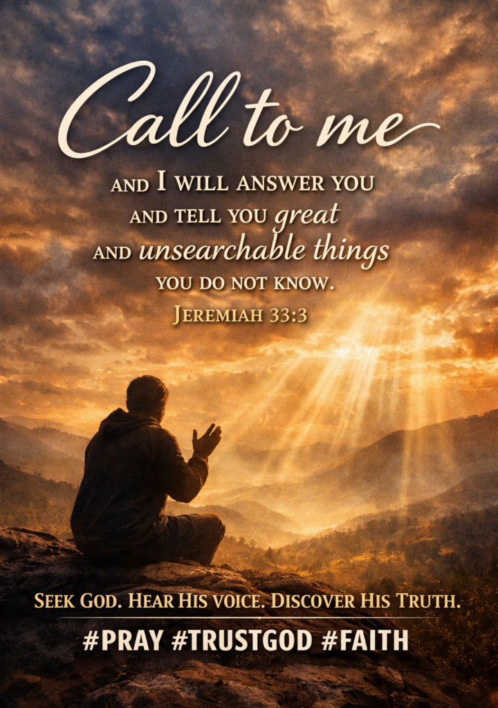 A person kneeling in prayer on a rocky hilltop with hands raised toward a dramatic golden sky with rays of light breaking through the clouds, overlaid with the Bible verse Jeremiah 33:3: "Call to me and I will answer you and tell you great and unsearchable things you do not know."