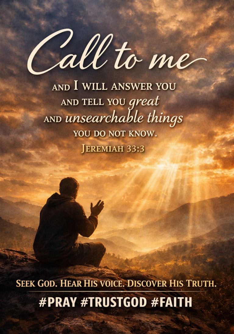 A person kneeling in prayer on a rocky hilltop with hands raised toward a dramatic golden sky with rays of light breaking through the clouds, overlaid with the Bible verse Jeremiah 33:3: "Call to me and I will answer you and tell you great and unsearchable things you do not know."